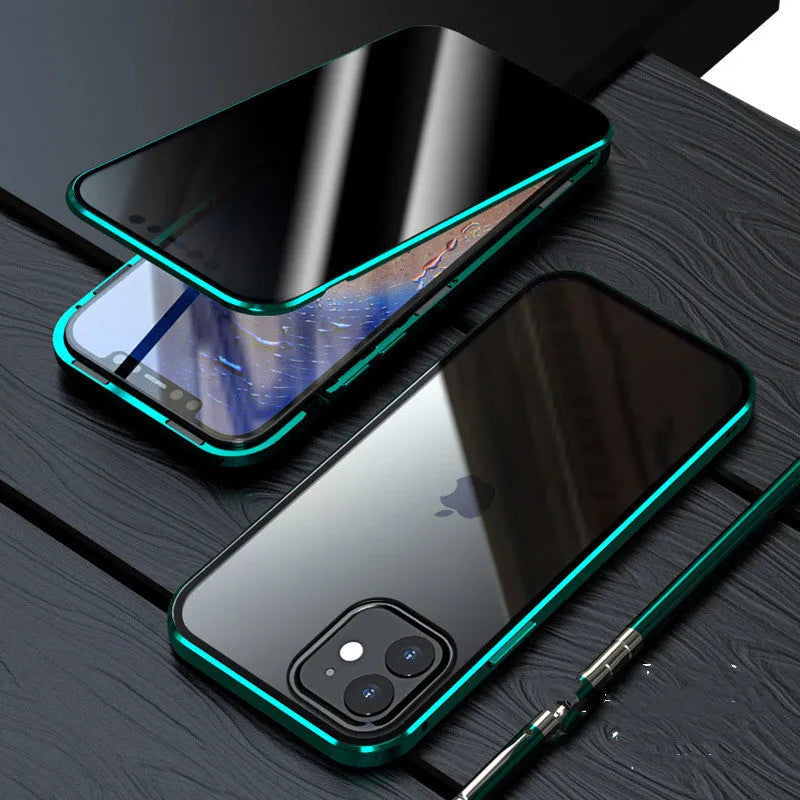 Magnetic anti-spy tempered glass case for iPhone in black, showing metal frame and privacy screen feature.