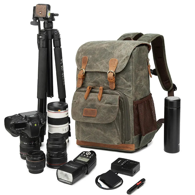 Canvas DSLR camera backpack in khaki colour, showing backpack straps and main compartment.