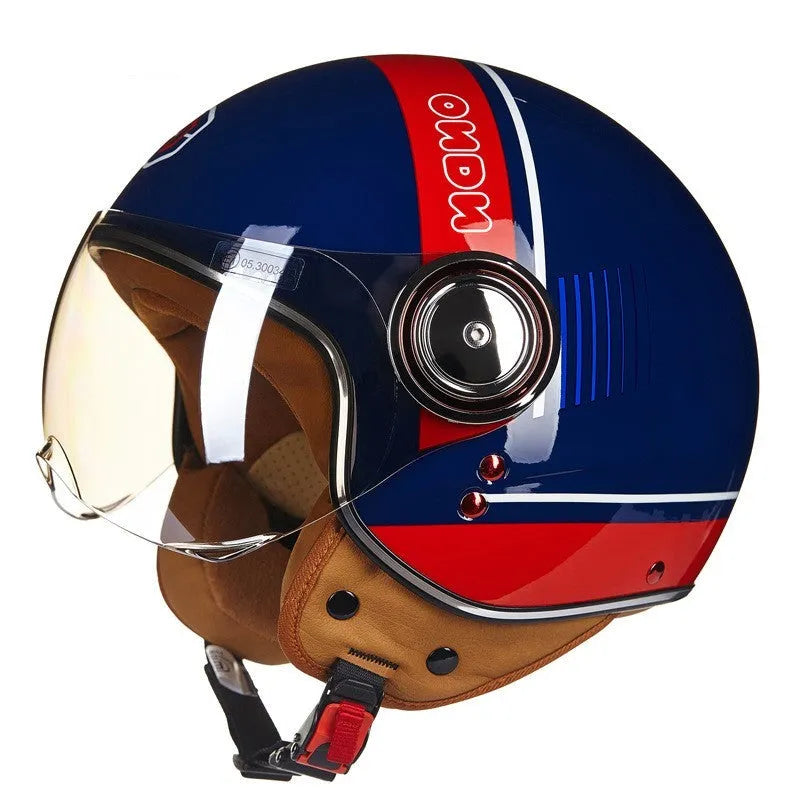 Retro-style half helmet for battery cars in bright blue and red colour combination showing ABS construction