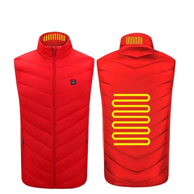 USB rechargeable heated vest with smart heating zones, polyester fibre fabric, stand-up collar, black colour