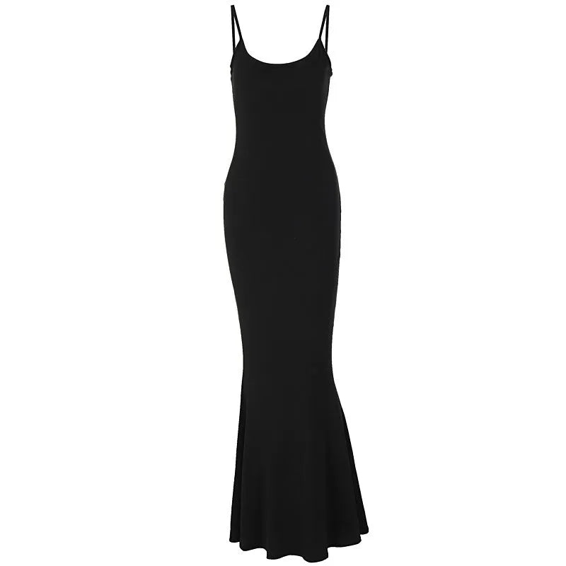 Spaghetti strap long bodycon dress women solid colour high waist A-line skirt party club street wear black