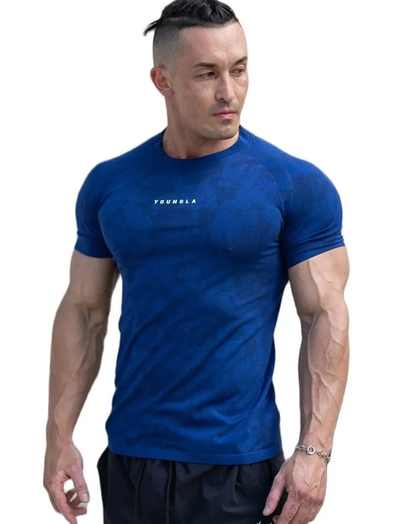 Men's camouflage sports t-shirt in milk silk fabric, front view, available in multiple colours