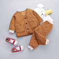 Neutral Korean style baby two-piece suit in cotton velvet, available in red, green, beige, and brown for 80-130cm height