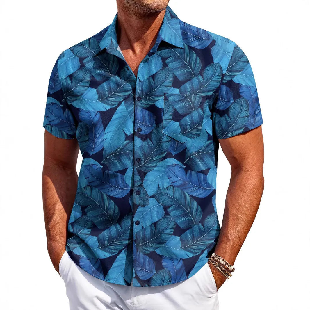 Man wearing a slim fit, short sleeve cardigan-style Hawaiian shirt in a solid colour.