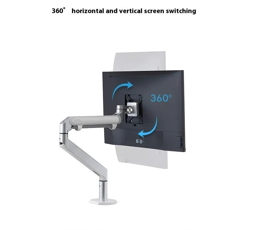 Aluminium laptop stand with adjustable arm bracket in silver colour on desk