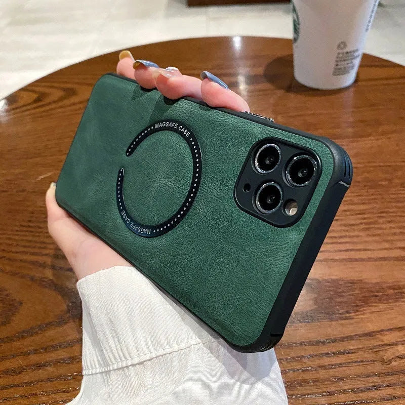 Black imitation leather magnetic charging case for iPhone on a magnetic car mount