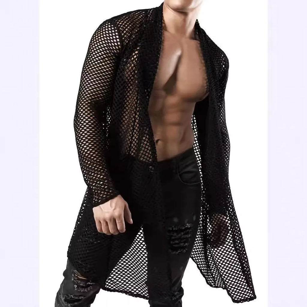 Black men's long-sleeve mesh cardigan with see-through hollow-out design, loose fit, sizes S to XXXL.