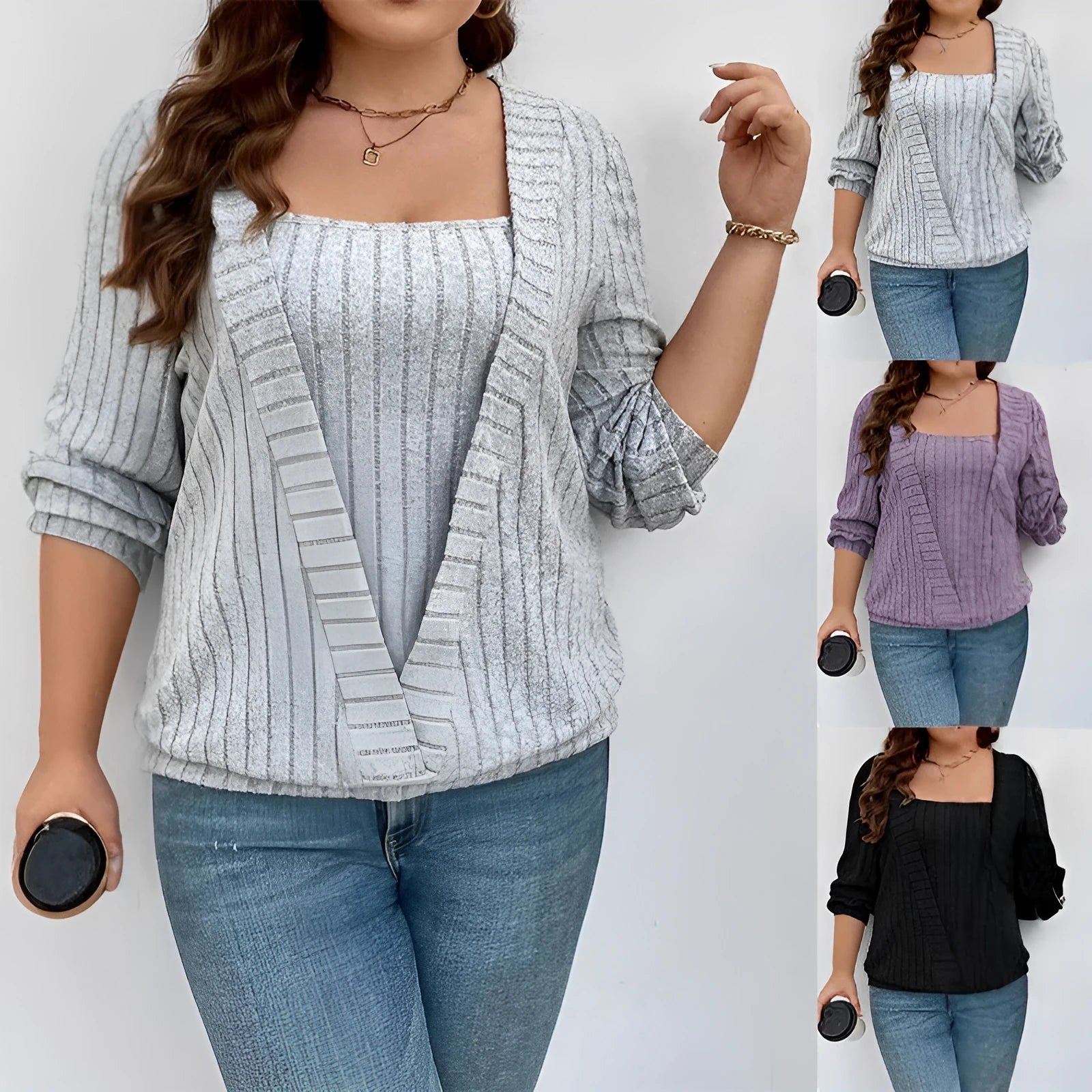 Women's solid colour V-neck long sleeve top with rib fabric texture and a false two-piece design.