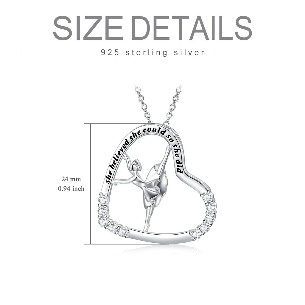 925 sterling silver heart ballerina dancer pendant necklace with cubic zirconia stone on white background