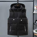 Men's black thickened polyester vest with a removable hood on a hanger.