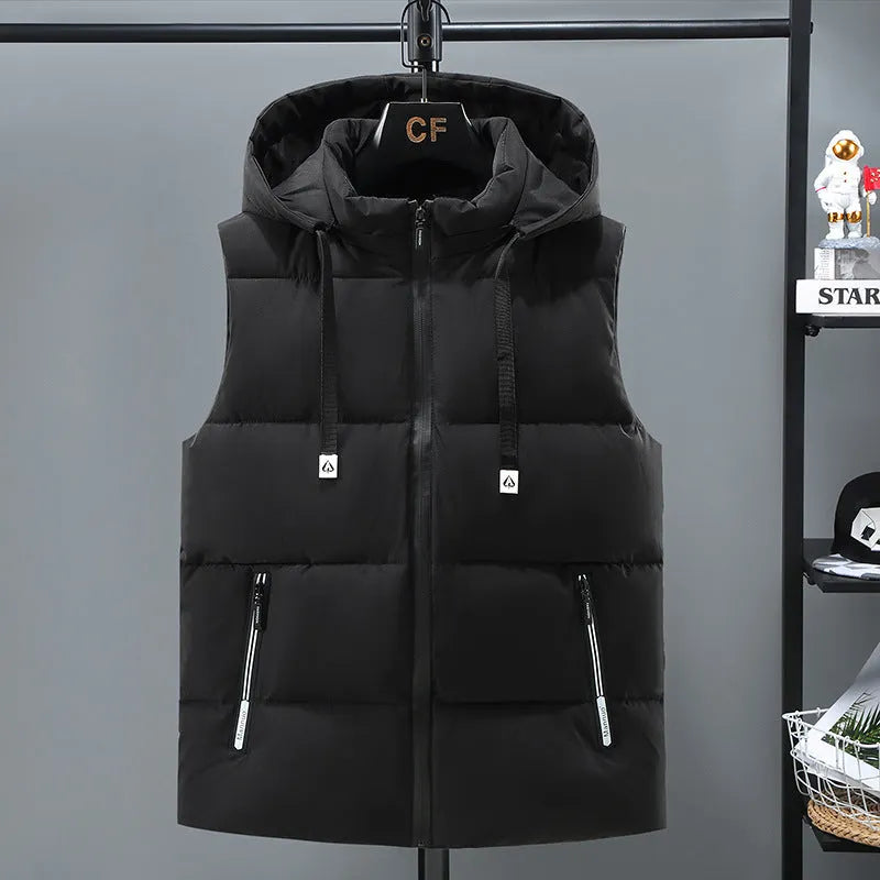 Men's black thickened polyester vest with a removable hood on a hanger.