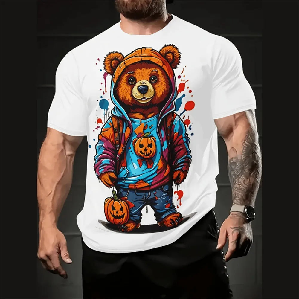 Man wearing a loose, short-sleeve linen shirt with a colourful 3D cartoon print design.