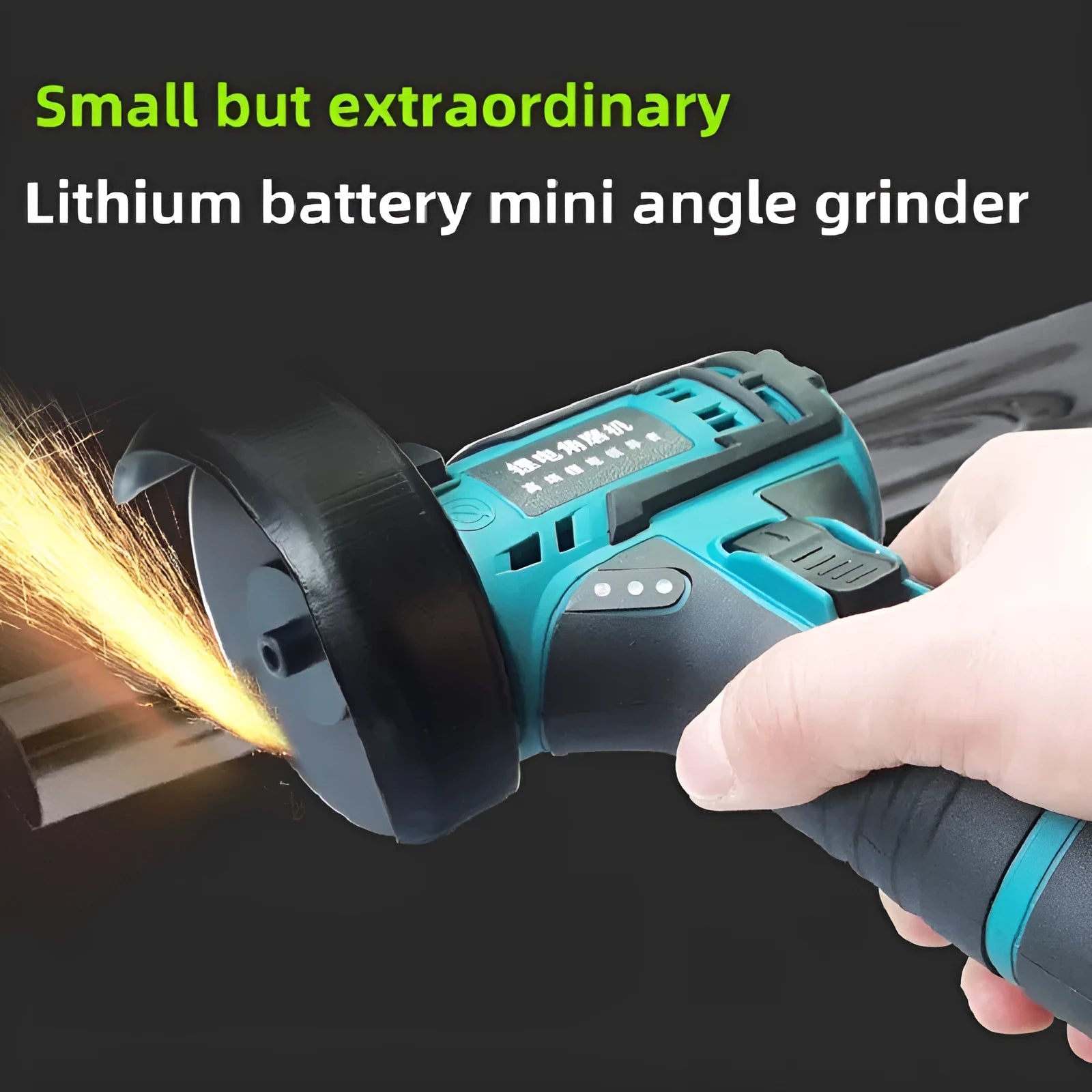 Mini 26V cordless angle grinder with lithium battery and three saw blades for cutting tiles and pipes