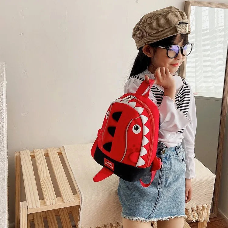 Children's small dinosaur backpack in Oxford cloth, red colour, with zipper and double straps