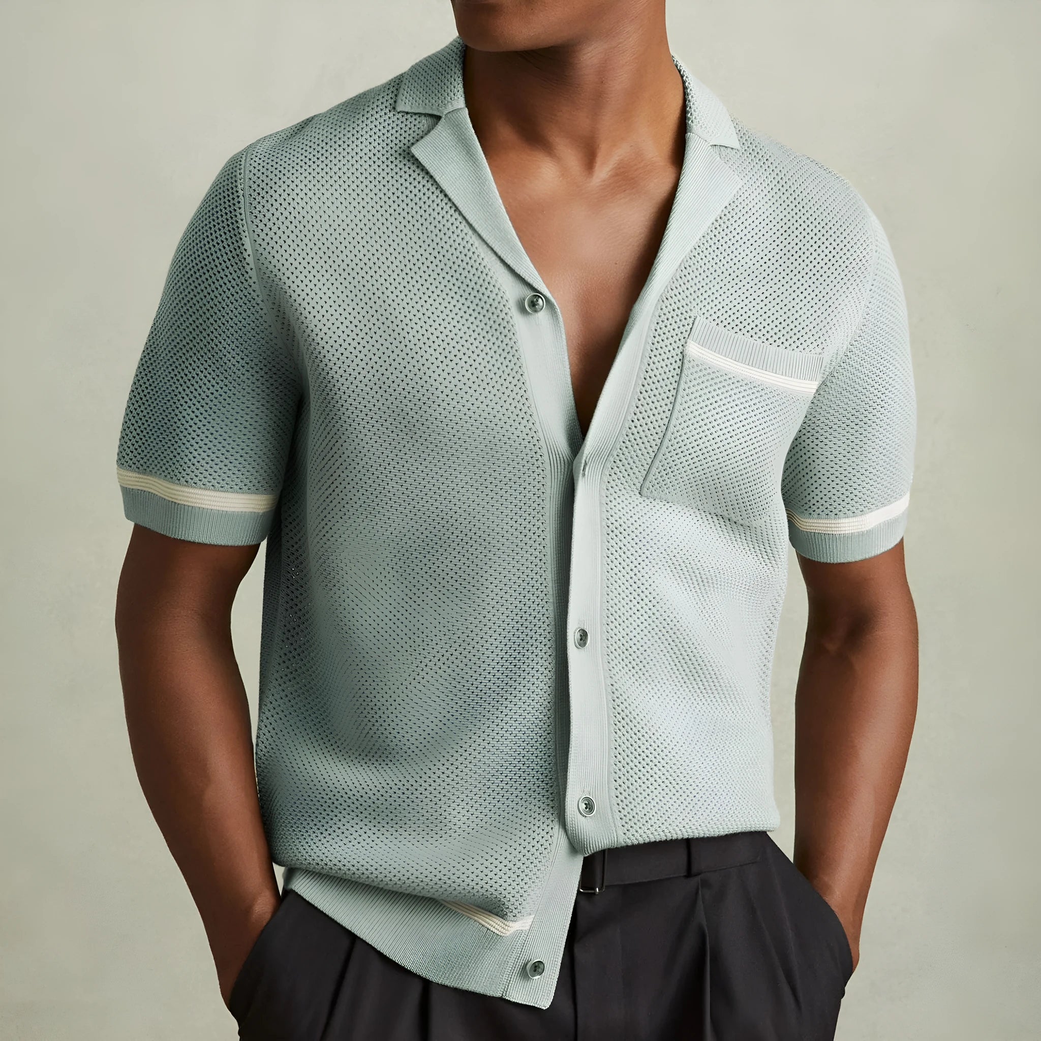 Men's Cuban collar short sleeve polo shirt in blue featuring flocking texture detail, regular fit, Tencel viscose fabric