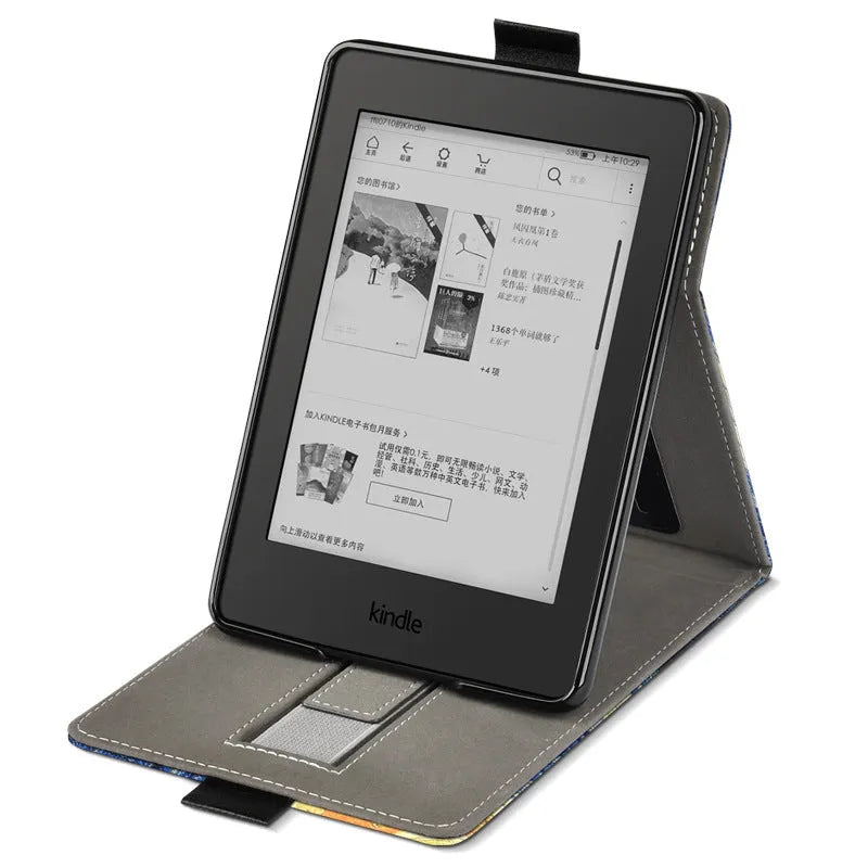 Handheld protective TPU case with bracket for a 6-inch Kindle, shown in a selected colour and embossed design.