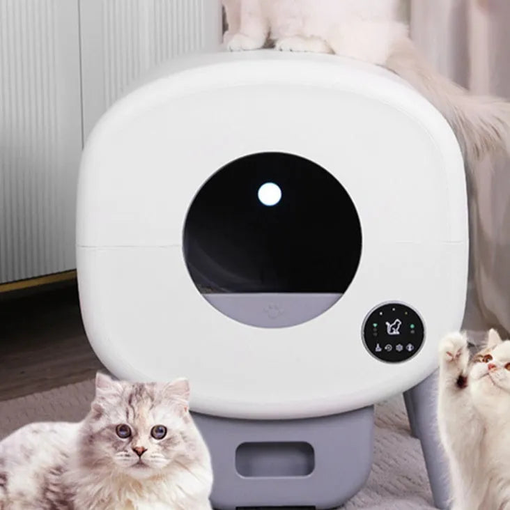 Automatic self-cleaning cat litter box with waste drawer, made from white ABS plastic.