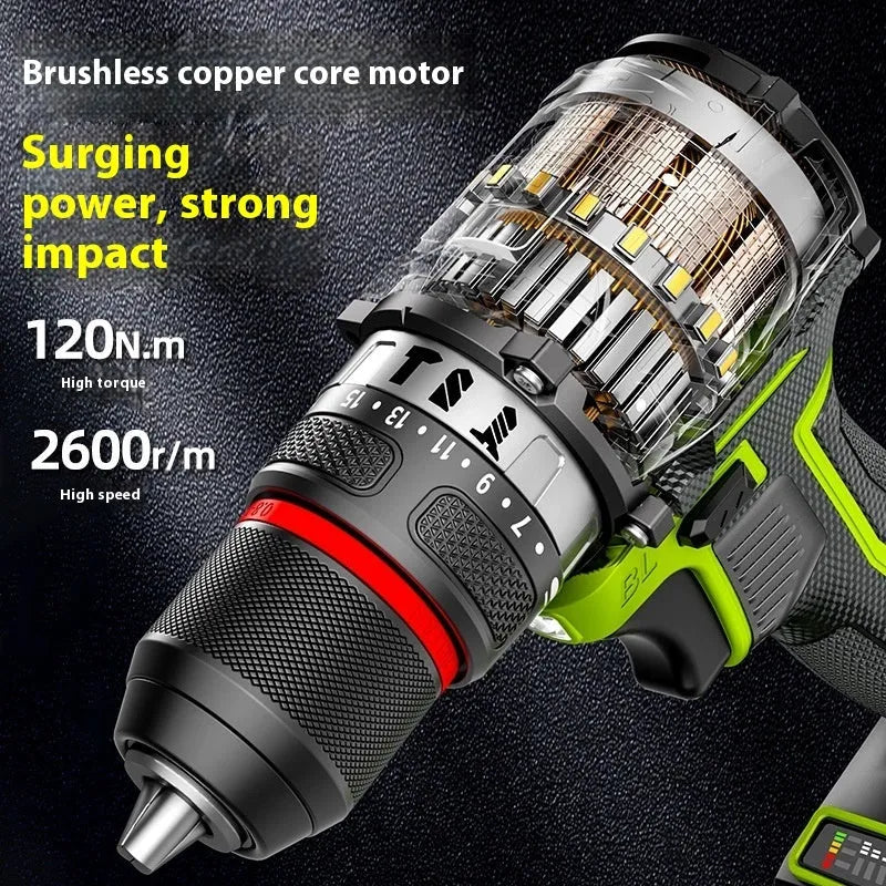 21V brushless impact drill with 10mm chuck, 150Nm torque, and two lithium batteries