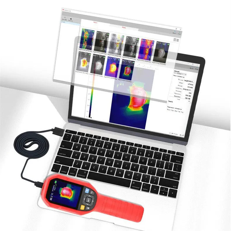 UTi series handheld infrared thermal imager on a workbench with screen displaying a thermal image.