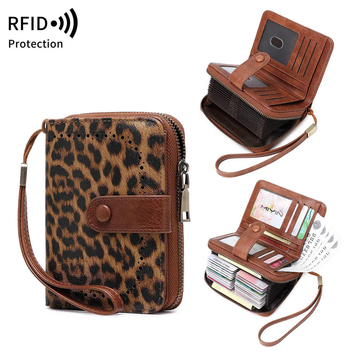 Leopard print small zip wallet with multifunctional compartments and retro design details