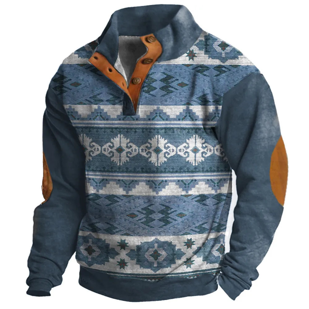 Teenager wearing a loose-fit long-sleeved sweater with a 3D digital print design and four buttons on the front.