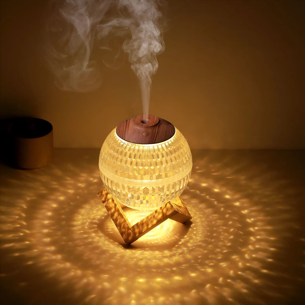 Crystal ball humidifier round 116 mm USB with atmosphere sea light on a desk