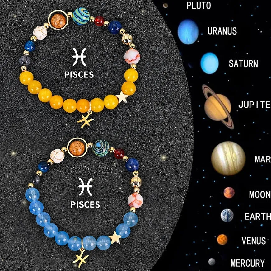 Two natural stone beaded bracelets showing different zodiac sign designs on a neutral background.