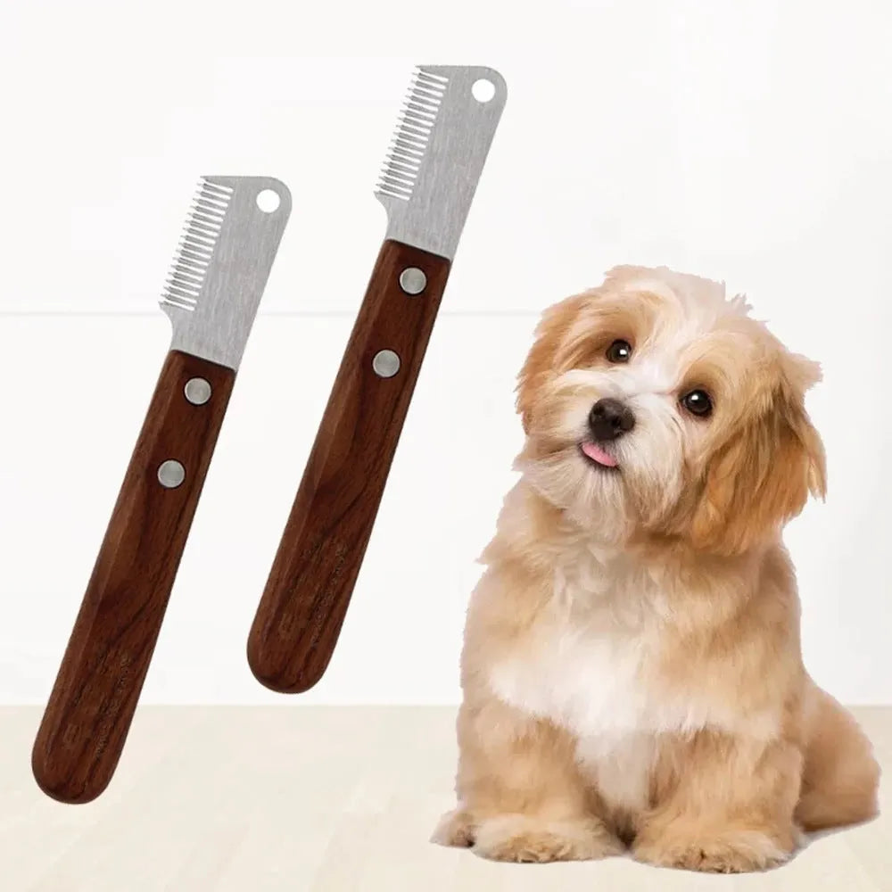 Wooden dog hair removal knife with double-sided blade, left-hand size 15.8cm