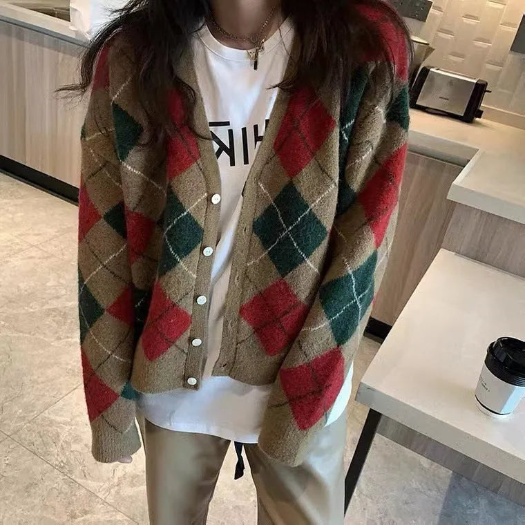 Acrylic knitted casual cardigan in free size showing macaron colour options including pink, green, and khaki
