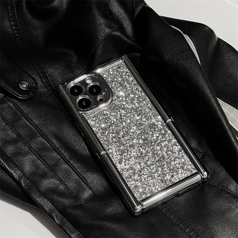 Silver electroplated silicone phone case with glitter and invisible bracket for iPhone