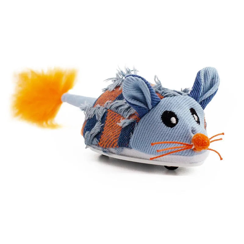 Blue electronic moving mouse cat toy with feather and sound box, showing 18cm length
