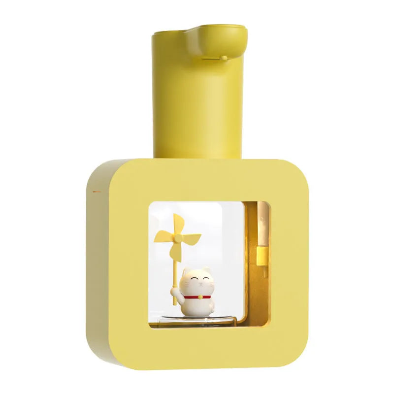 Pink automatic soap dispenser with unicorn and kitten cartoon designs for children's bathrooms