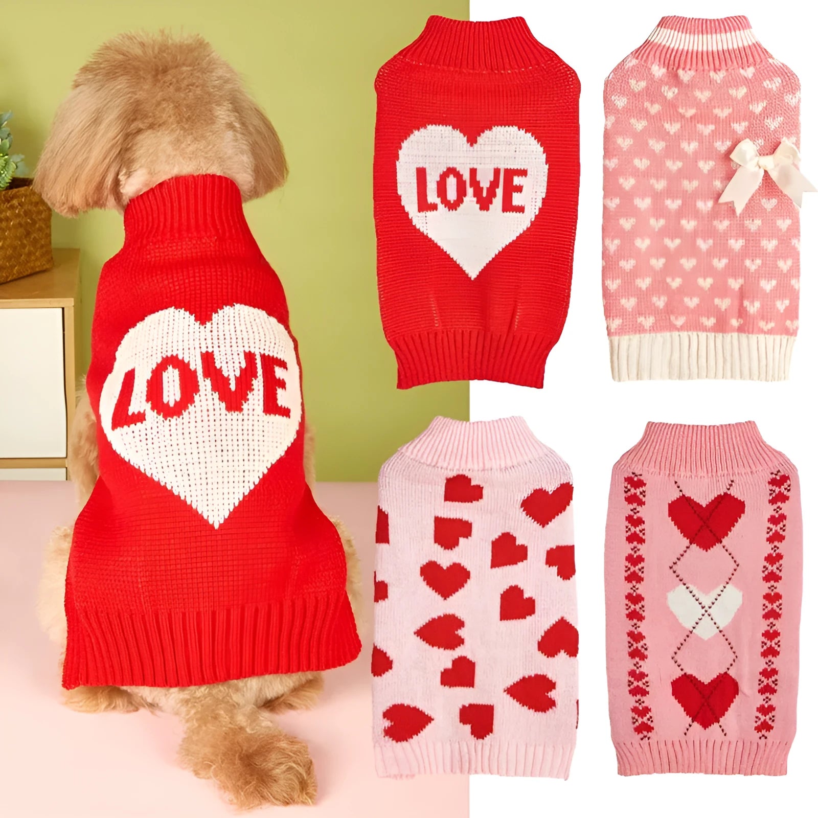 Dog wearing acrylic sweater with embroidered bow and heart patterns