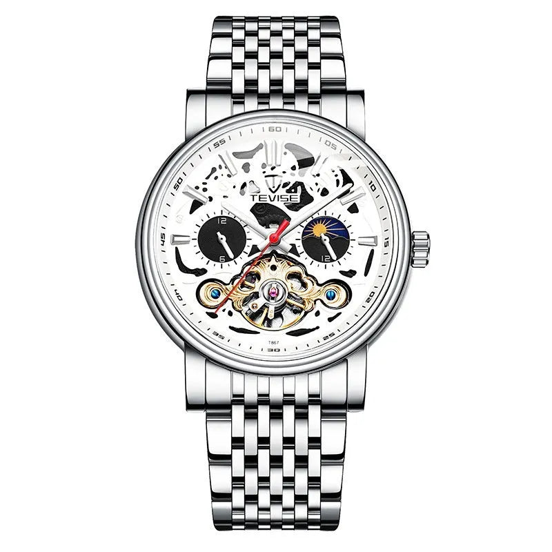 Men's tourbillon mechanical watch with luminous dial in black case on leather strap