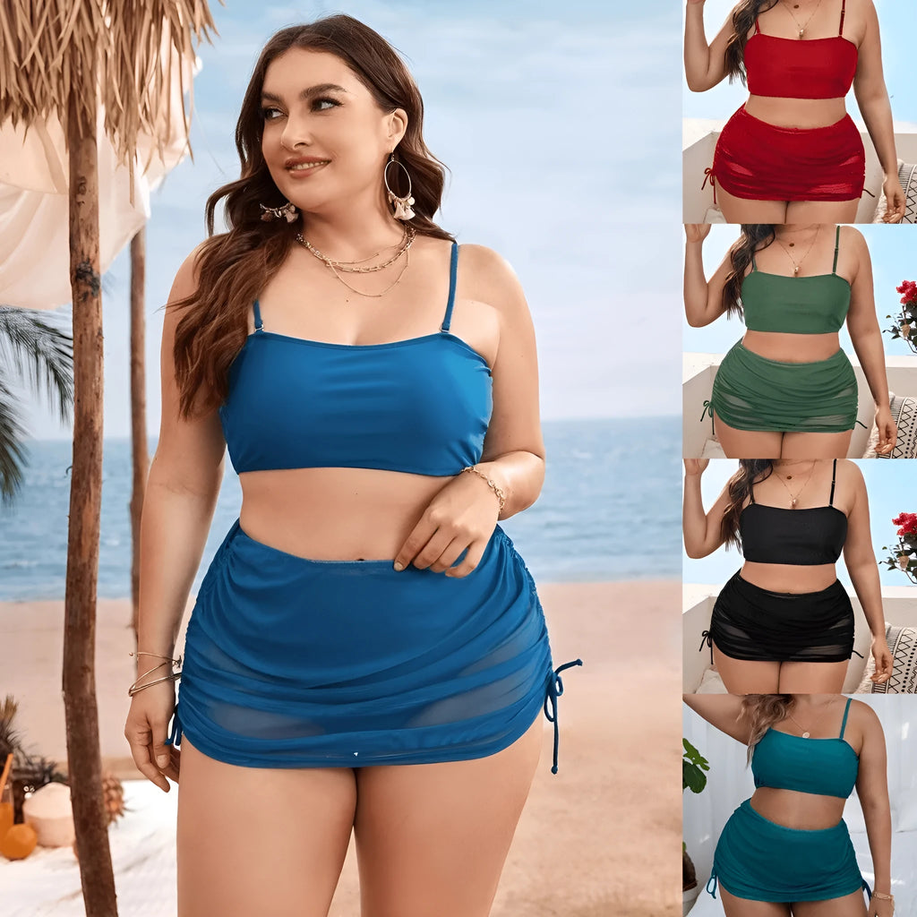 Women's solid colour mesh bikini three-piece set with apron on a mannequin.