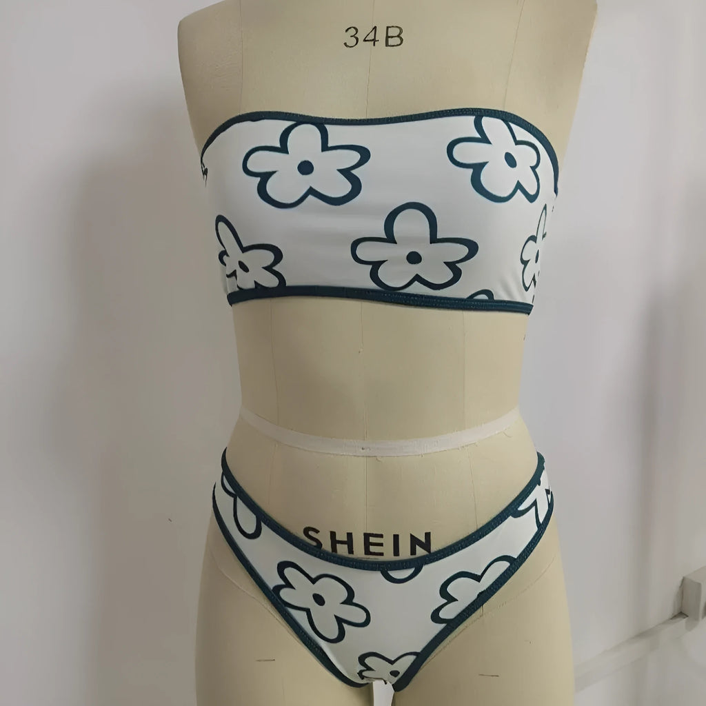 Women's ocean green bikini set with split briefs two piece swimsuit on white background