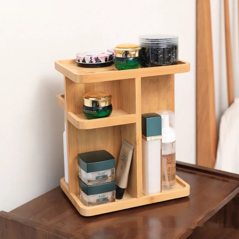 Bamboo rotating storage rack with grid shelves measuring 25×18×29cm