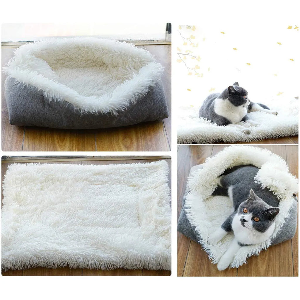 Grey pet blanket nest with long fluffy plush and black non-slip bottom for cats and dogs