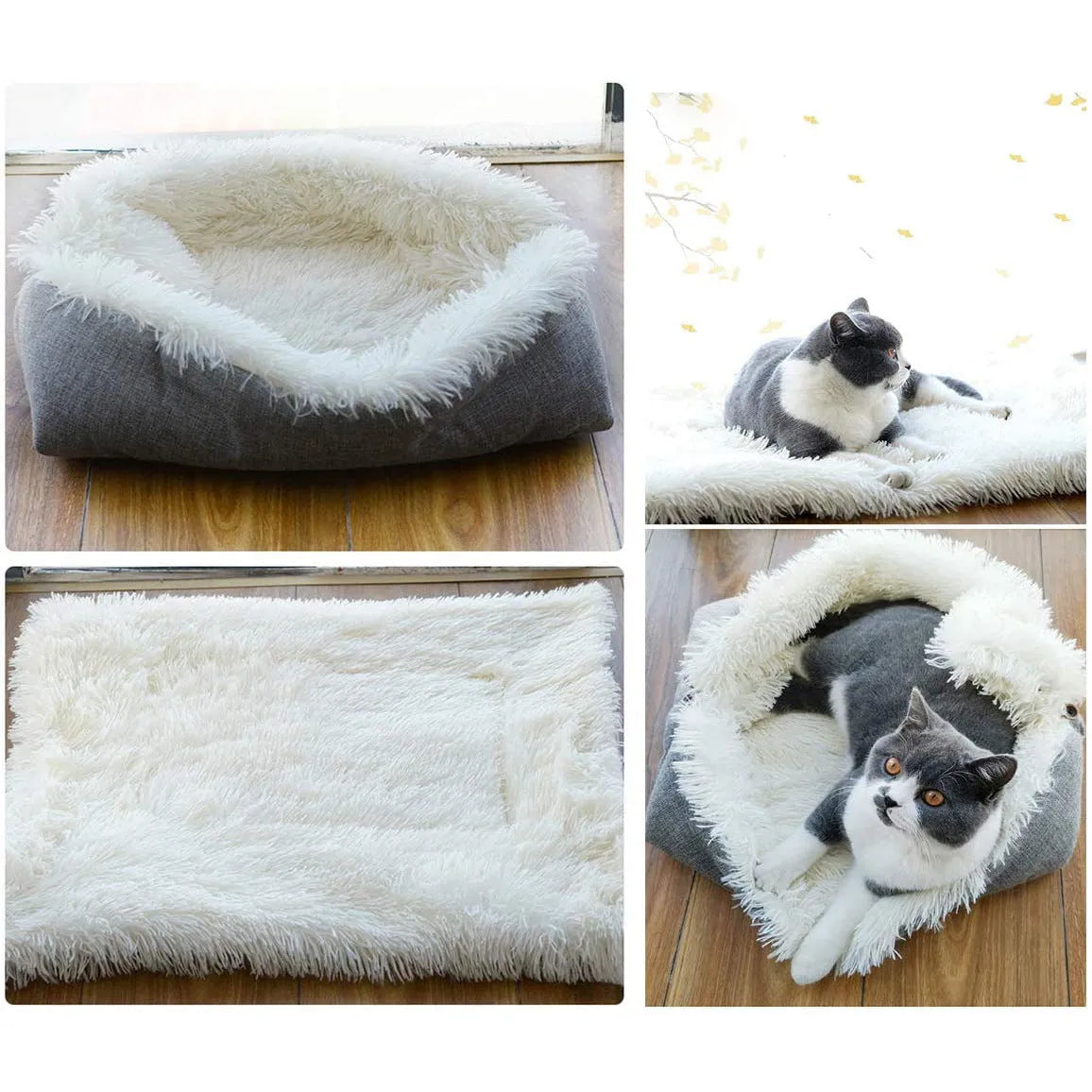 Grey pet blanket nest with long fluffy plush and black non-slip bottom for cats and dogs