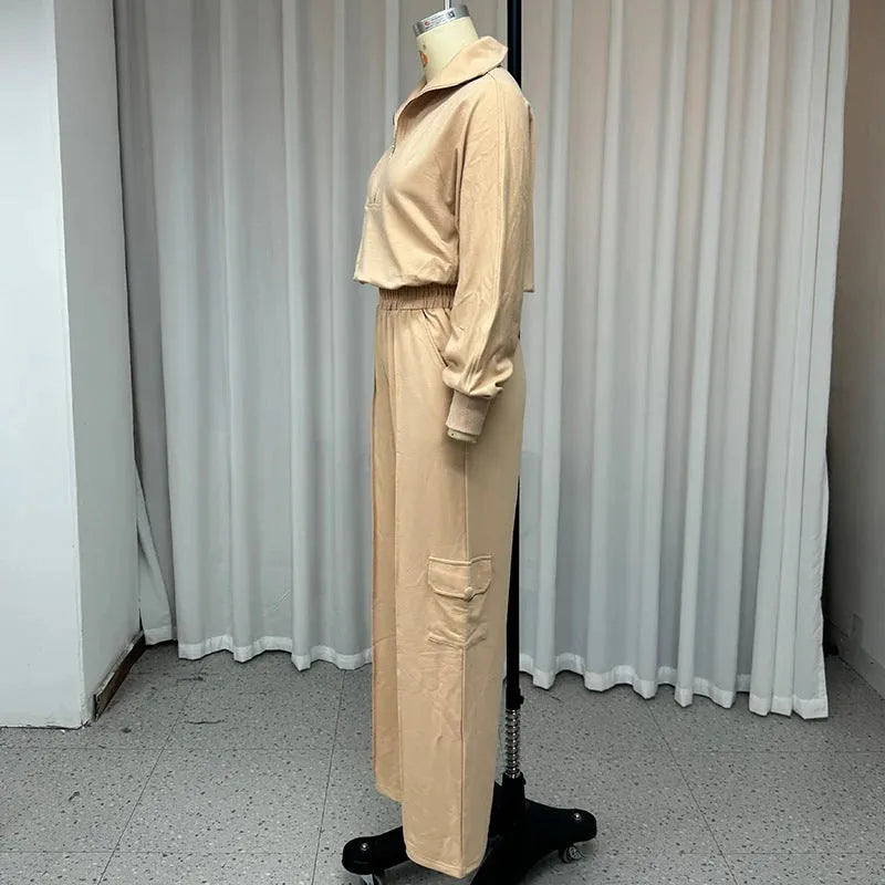 Women's light camel polyester lapel top and wide leg trouser two-piece work clothes set