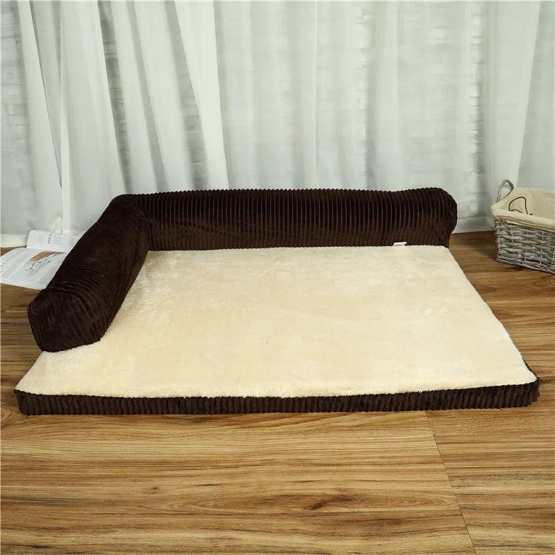 Corduroy dog sofa bed with bolster sides on a wooden floor, showing grey colour option in large size.