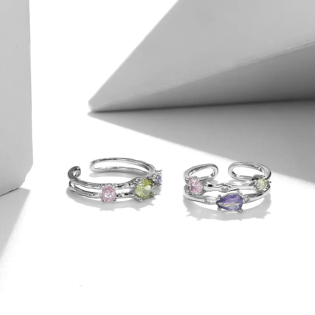 Copper constellation open ring with adjustable band, electroplated non-fading finish, round and oval crystal elements, ins style