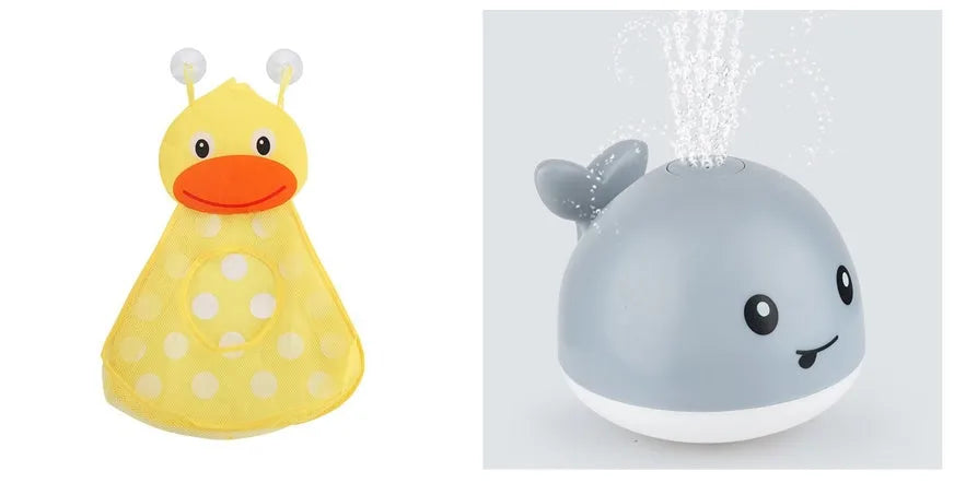 Electric whale-shaped bath spray toy with water-activated automatic spray, LED lights, and floating capability
