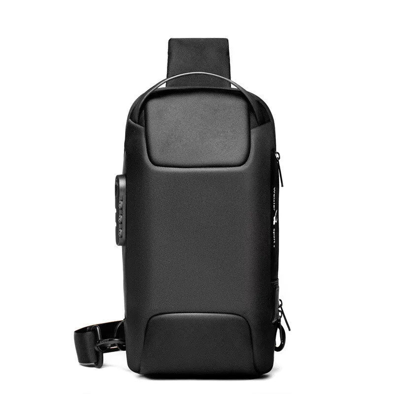 Men's canvas chest shoulder bag in medium square vertical shape with zipper opening