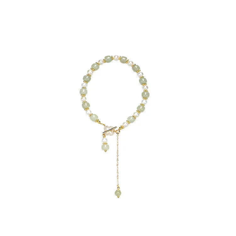 Natural Hetian jade pearl pendant women's bracelet with gold electroplated Chinese style design