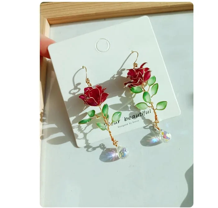 Red tea fragrance flower ear studs for women with electroplating finish