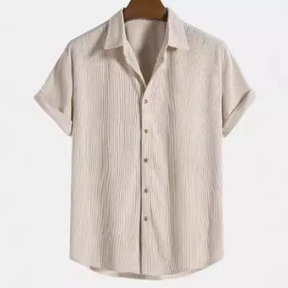 Men's casual short-sleeved polyester shirt in cardigan style on a hanger