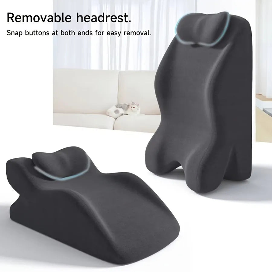 Stomach sleeper pillow in blue, designed for prone sleeping and reading.