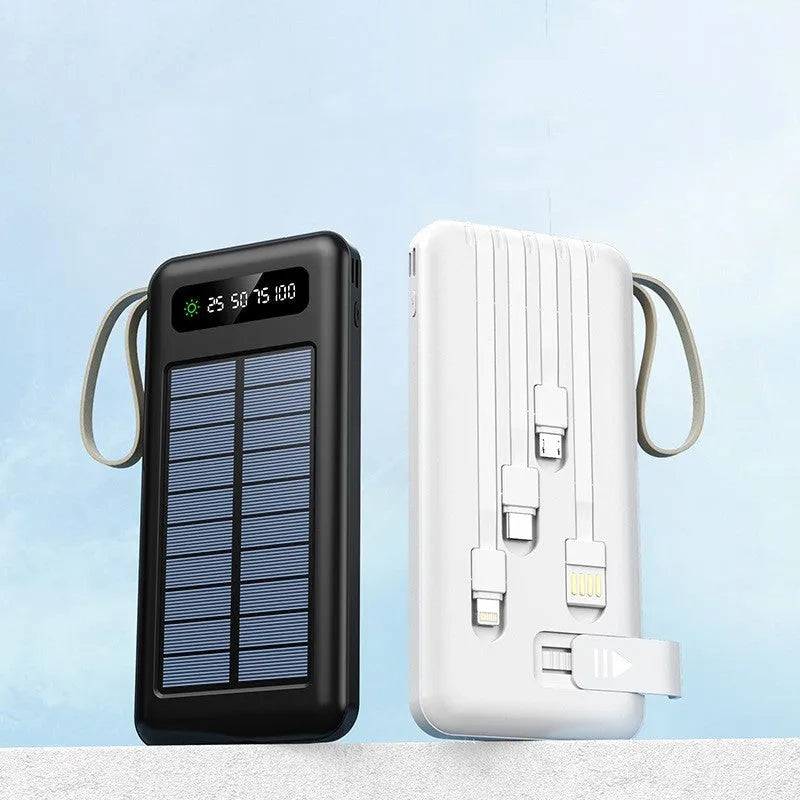 Cool black and ivory white solar power bank showing integrated solar panel and compact 144mm x 68mm dimensions.