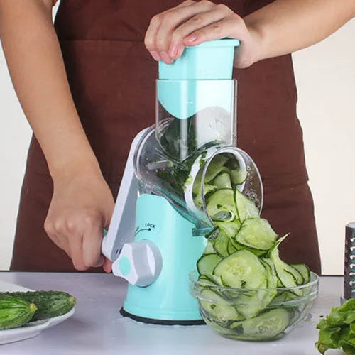 Round manual mandoline vegetable slicer with stainless steel blades in blue green red colour options